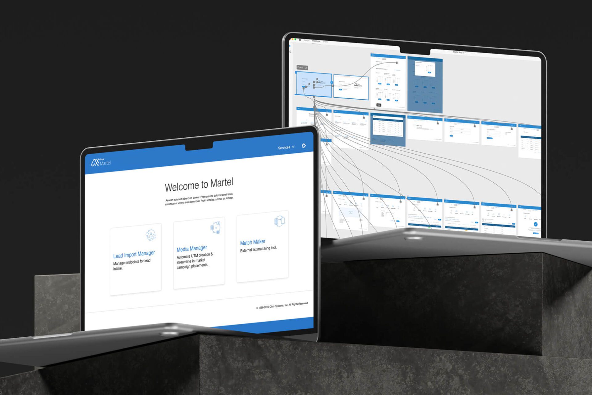 Laptop on Rocks showing Screen Mockups of Martel App
